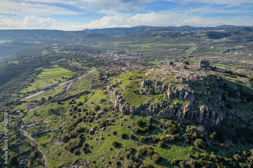 The Temple of Athena ruin in Assos Ancient City. Panoramic view Drone shots. Canakkale  Turkey.