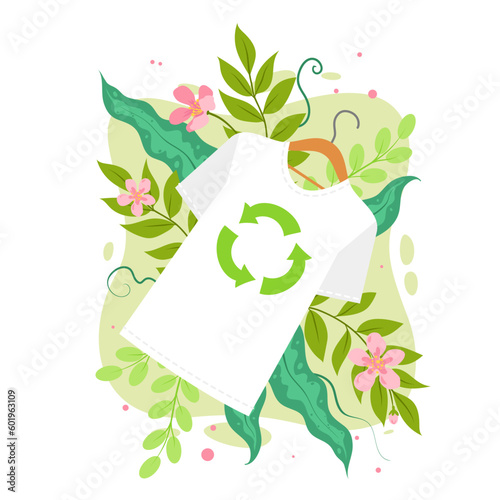Sustainable fashion vector illustration. Cartoon isolated white cotton T shirt with recycle symbol on hanger among fresh spring and summer flowers, green leaves, eco friendly clothes for woman