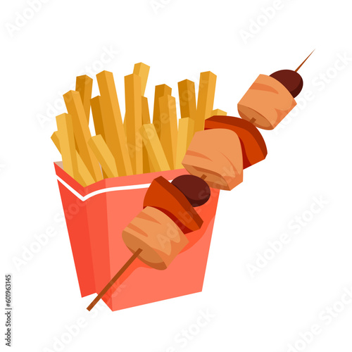 French fries and kebab meat with vegetables on skewer vector illustration. Cartoon isolated potato chips in red paper box and BBQ shashlik, delicious unhealthy street menu of fast food restaurant