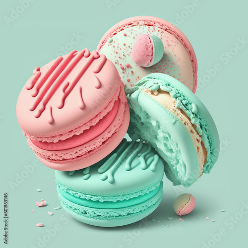Cake macaron or macaroon stack on mint background, colorful mint and pink almond cookies, pastel colors.