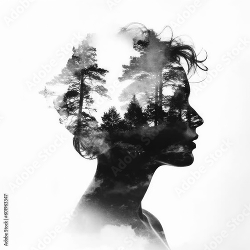 Double exposure inspired nature photography of people mixed with mountains and trees