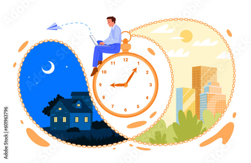 Daily routine and circadian rhythm balance of person vector illustration. Cartoon tiny man working with laptop, sitting on big retro clock with dial and chain, day and night scenes change inside