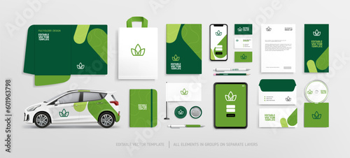 Brand Identity concept of stationery Mock-Up set with green abstract vegetal design. Branding stationery mockup template of vertical business flyer, promotional car, brochure, etc. Editable vector