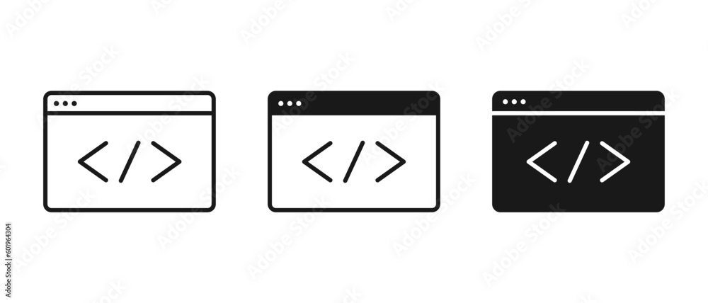 Source code vector icon. Outline file coding script sign. App programming window illustration Source code vector icon. Outline file coding script sign. App programming window illustration