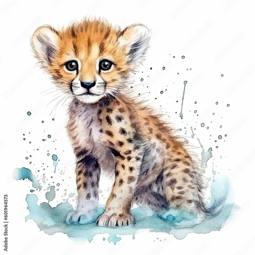 Obraz premium Baby Cheetah watercolor with ink outline on white background, high detailed (generative AI)