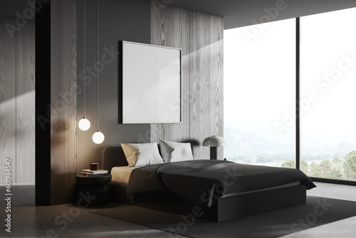 Dark bedroom interior with sleep corner and panoramic window. Mockup frame