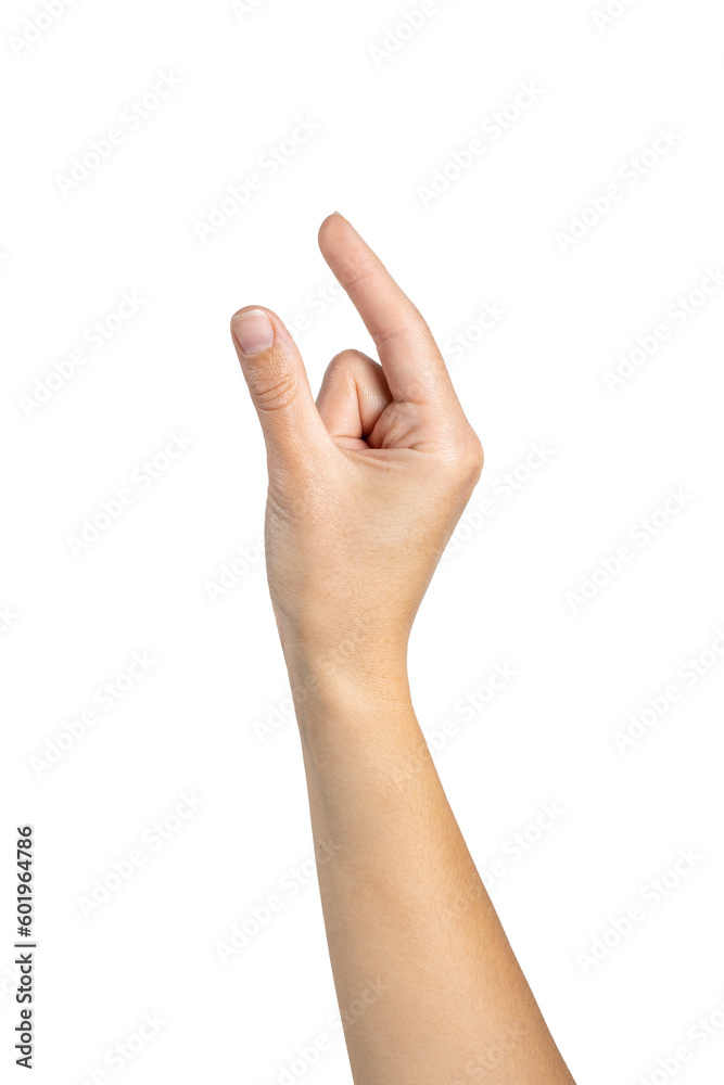 Woman hand is gesturing and measuring invisible item isolated on white background, with clipping path. Full Depth of field. PNG Woman hand is gesturing and measuring invisible item isolated on white background, with clipping path. Full Depth of field. PNG