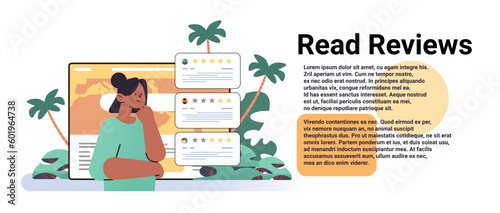 woman reading testimonials or leaving comments consumer review for comment and rate service or goods customer feedback