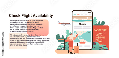 woman looking for available cheapest tickets via mobile app online booking searching for flight service concept