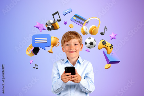 Smiling boy with smartphone, online entertainment icons