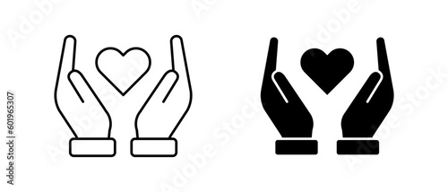 Heart in hand vector icon. Outline symbol hands holding heart. Healthcare, medicine illustration