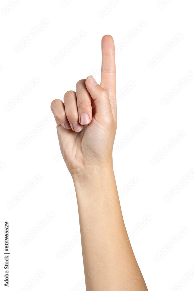 Woman hand pointing, touching, pressing or counting isolated on white background, with clipping path. Full Depth of field. Focus stacking.