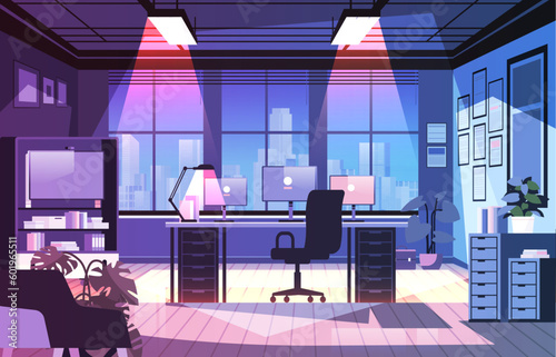 modern loft interior of night open space home office with furniture for corporate or freelance work