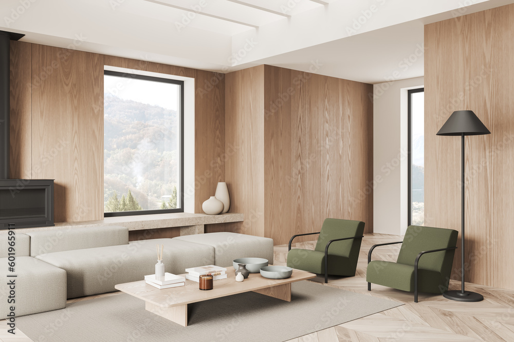 Fototapeta premium Wooden living room interior with couch and armchairs with coffee table, window