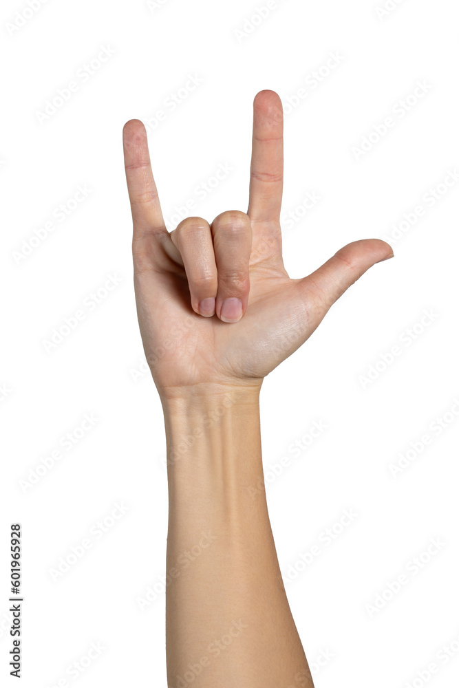 Woman hand showing Rock gesture isolated on white background, with clipping path. Five fingers. Full Depth of field. Focus stacking. PNG Woman hand showing Rock gesture isolated on white background, with clipping path. Five fingers. Full Depth of field. Focus stacking. PNG