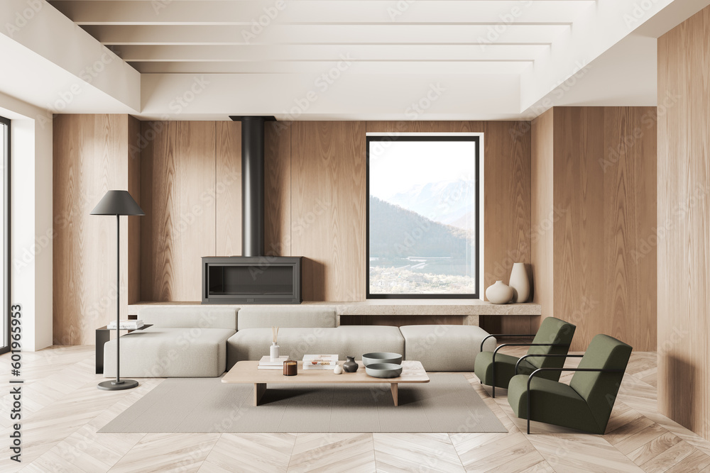 Fototapeta premium Wooden living room interior with couch and armchairs with coffee table, window