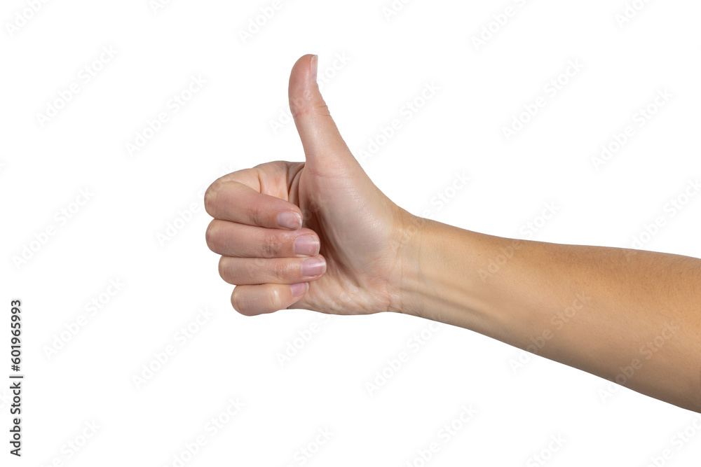 Woman hand shows thumbs up sign isolated on white background, with clipping path. Full Depth of field. Focus stacking. PNG Woman hand shows thumbs up sign isolated on white background, with clipping path. Full Depth of field. Focus stacking. PNG