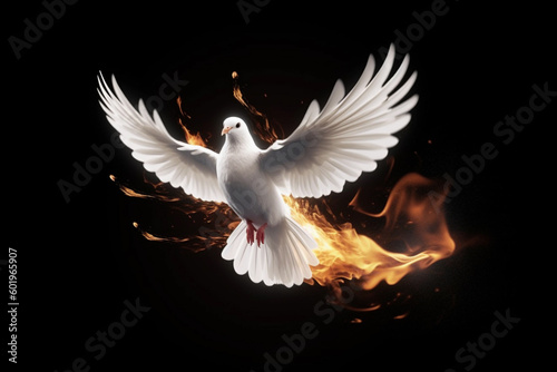 Foto Flying dove in flames in a dark background