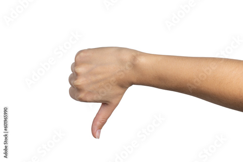 Woman hand shows thumbs down isolated on white background, with clipping path.  Five fingers. Full Depth of field. Focus stacking. PNG photo