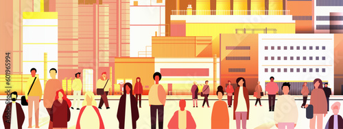 multiethnic people group walking outdoor mix race men women citizens crowd going along power plant factory buildings