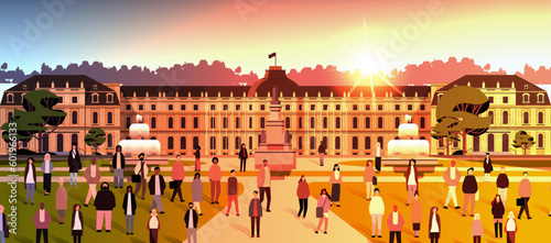 multiethnic people group standing near governmental building mix race men women crowd walking outdoor