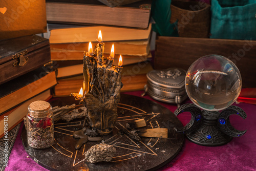 Untraditional method of mental healing. Altar, magical rite for plucking negative energy, cleaning aura, wicca concept 