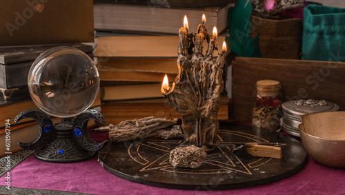 Untraditional method of mental healing. Altar, magical rite for plucking negative energy, cleaning aura, wicca concept	