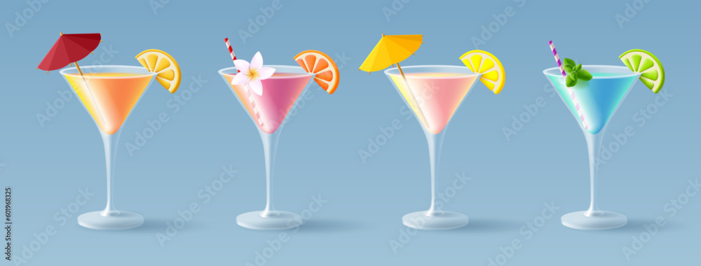 Cocktail in a triangle glass, set of different beverages with umbrella and straw with fluit and flower Cocktail in a triangle glass, set of different beverages with umbrella and straw with fluit and flower