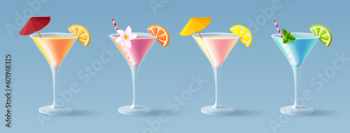 Cocktail in a triangle glass, set of different beverages with umbrella and straw with fluit and flower