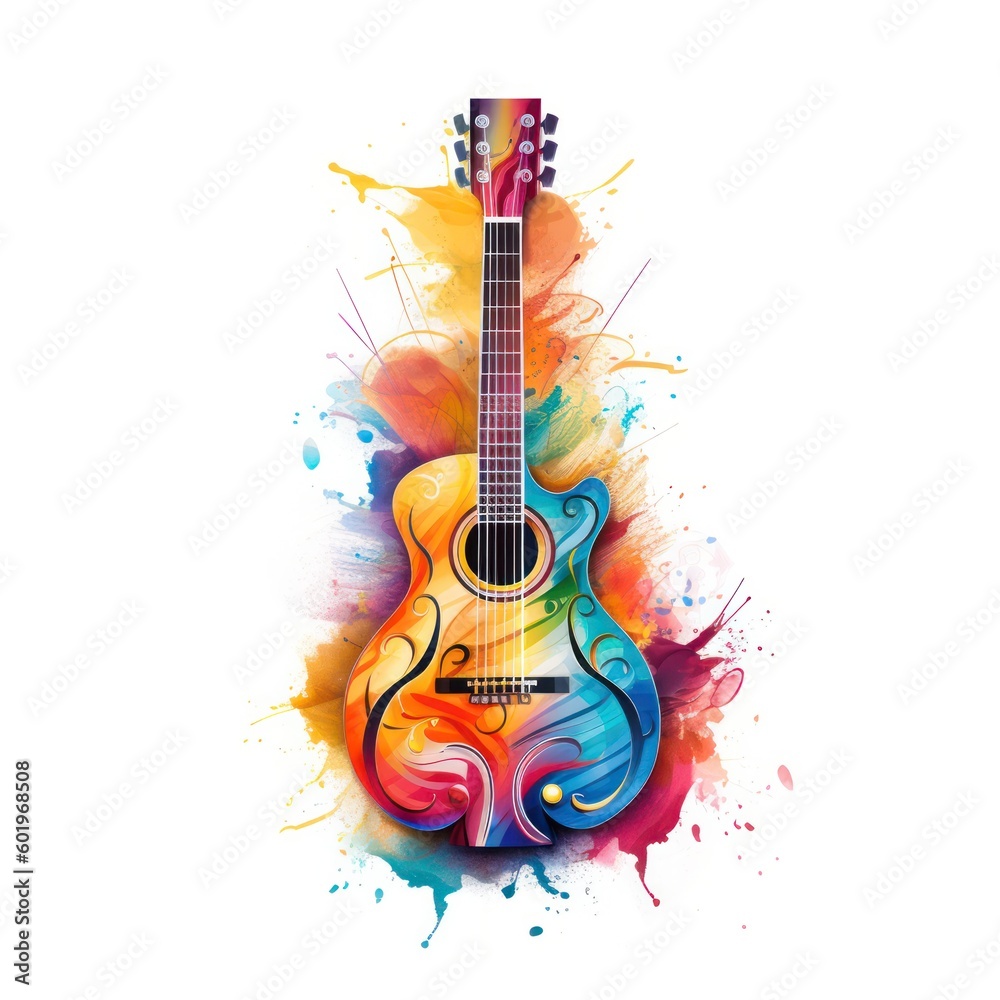 Abstract musical design with guitar and colorful splashes, notes and waves on a white background. Colorful guitar. watercolor style.Generative AI