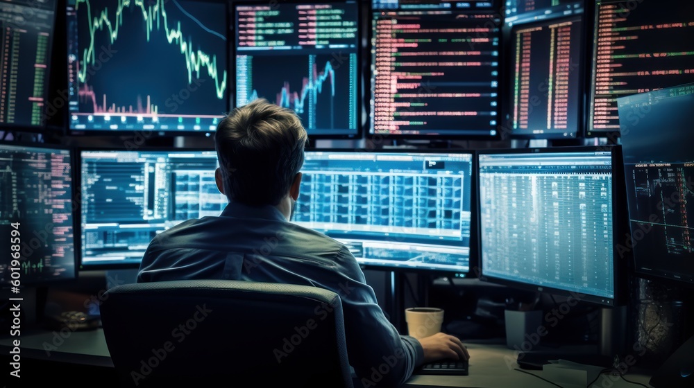 broker trading on desk with stock quote screens, generative ai broker trading on desk with stock quote screens, generative ai