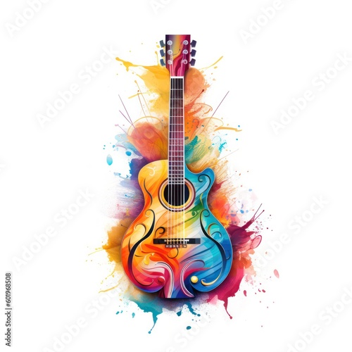 Abstract musical design with guitar and colorful splashes  notes and waves on a white background. Colorful guitar. watercolor style.Generative AI