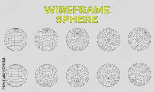 3D Wireframe sphere collection. globe or ball in circle net wire. Retro futuristic aesthetic. geometry wireframe shapes grid. cyberpunk elements in trendy psychedelic rave style