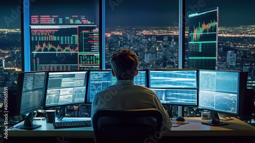 broker trading on desk with stock quote screens, generative ai © carballo