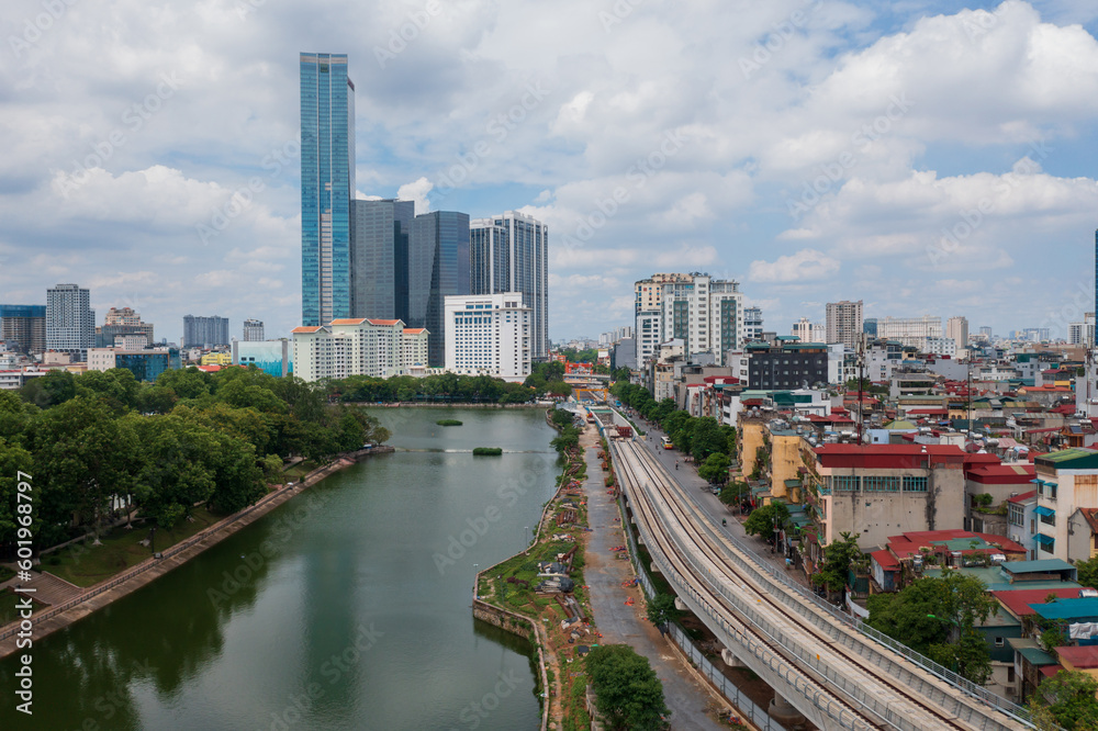 Aerial view of Hanoi cityscape at La Thanh street, Ba Dinh in 2021