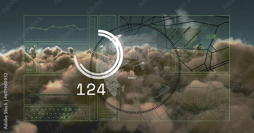 Animation of interface with data processing over spinning globe against dark clouds in the sky Animation of interface with data processing over spinning globe against dark clouds in the sky