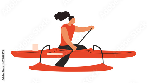 Woman paddling Vaa boat. Vector hand drawn illustration isolated on white. 