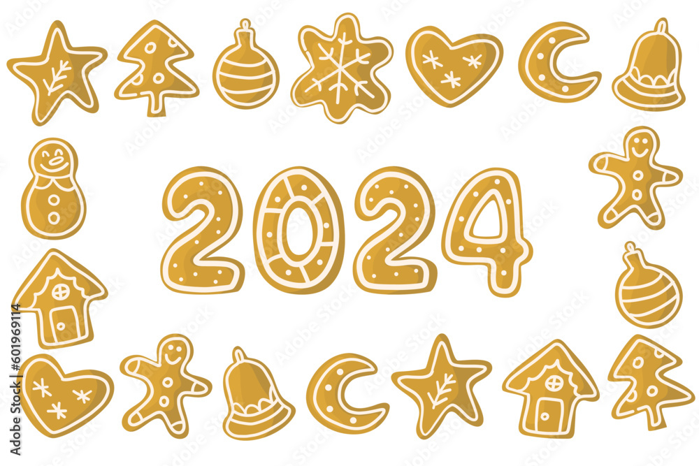 2024 New year and Christmas biscuits set. Vector hand drawn illustrations. 2024 New year and Christmas biscuits set. Vector hand drawn illustrations.