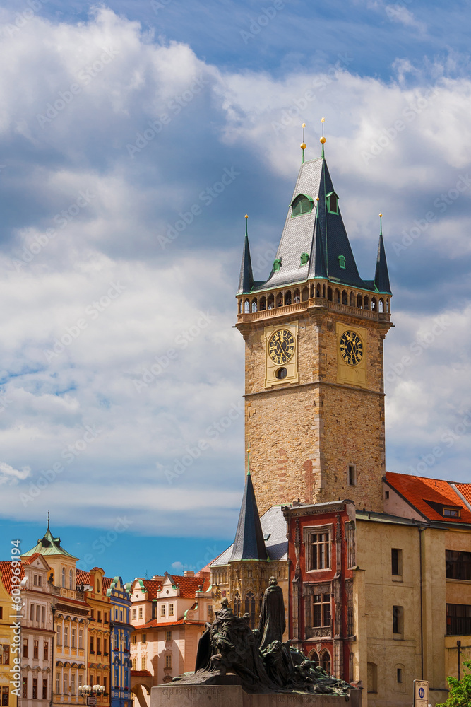 Old Town Hall medieval clock tower among clouds in Prague, a city landmark erected in 1364 in Old Town Square
