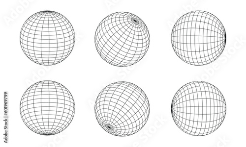 3D Wireframe sphere collection. globe or ball in circle net wire. Retro futuristic aesthetic. geometry wireframe shapes grid. cyberpunk elements in trendy psychedelic rave style