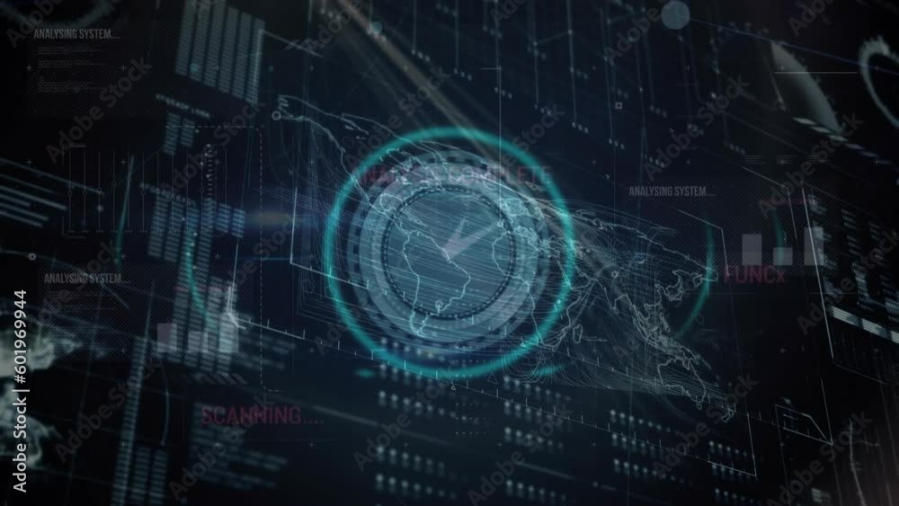 Animation of neon ticking clock over interface with data processing against blue background