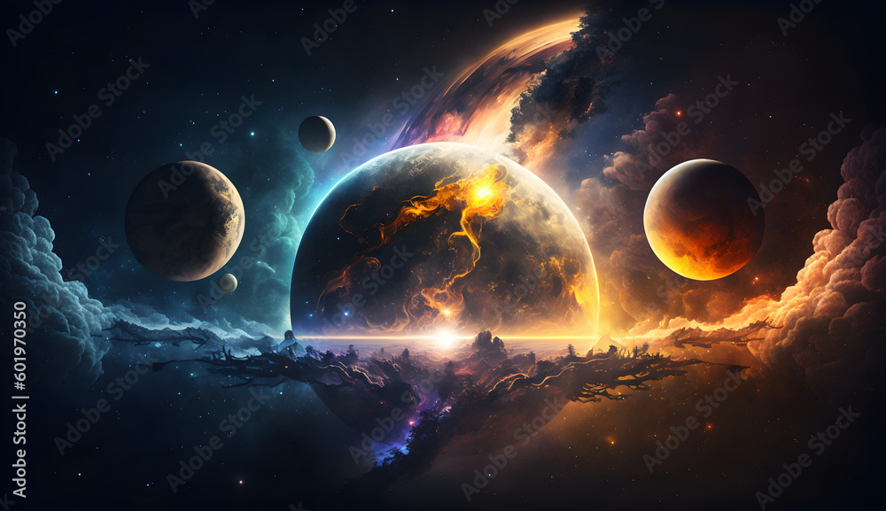 Obraz premium a group of planets in the sky with clouds, space art, sci-fi