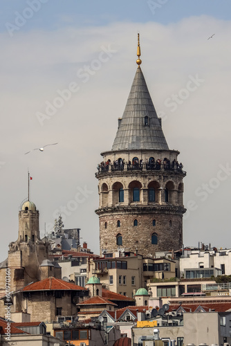 17-04-2023 Istanbul-Turkey: Galata Tower, Seagulls and Cityscape