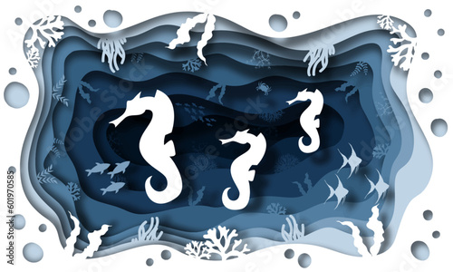 Ocean Day paper art concept. A celebration dedicated to help protect and conserve the world oceans, waters, ecosystems. Blue 3D folded paper craft paper of ocean waves, fish and plants.