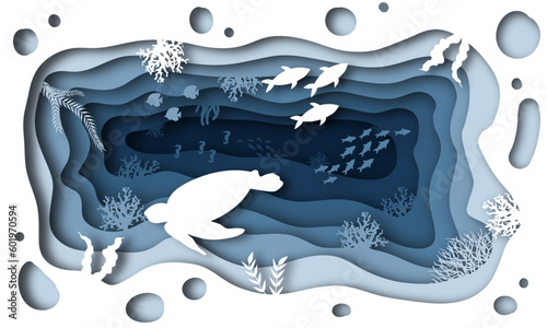 Ocean Day paper art concept. A celebration dedicated to help protect and conserve the world oceans, waters, ecosystems. Blue 3D folded paper craft paper of ocean waves, fish and plants.