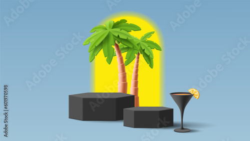 Summer cocktail disco party composition with 3D plastic cosmopolitan cocktail, palm trees and arch with sun. Oldschool style