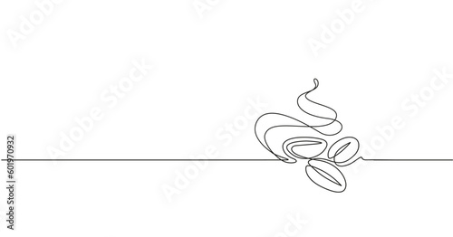 Vector illustration of the aromatic coffee beans. Line art with steam and coffee seeds.