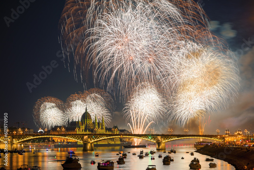 Photos Fireworks in Budapest over Margaret bridge and Parliament