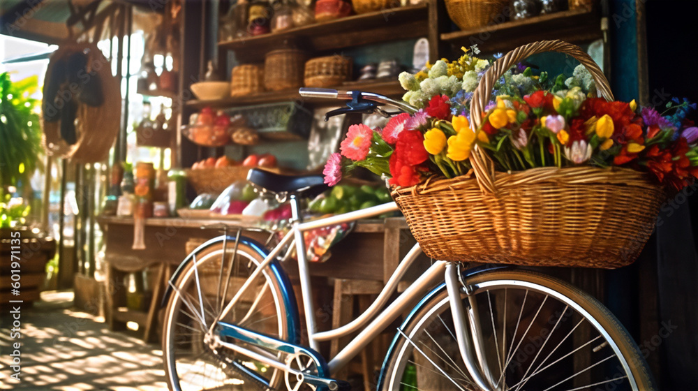 bicycle with a basket full of flowers, generative AI, AI generated