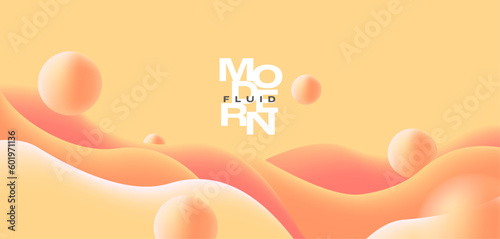Orange and yellow waves soft 3d shapes with round drops, juicy milky orange substance